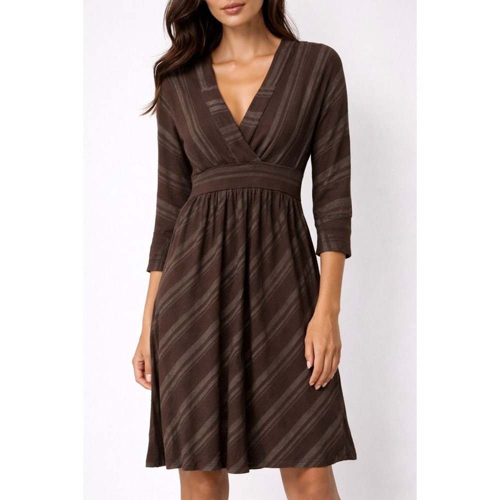 Ella Moss Striped Wrap Style Midi Dress Brown Olive Green Size S